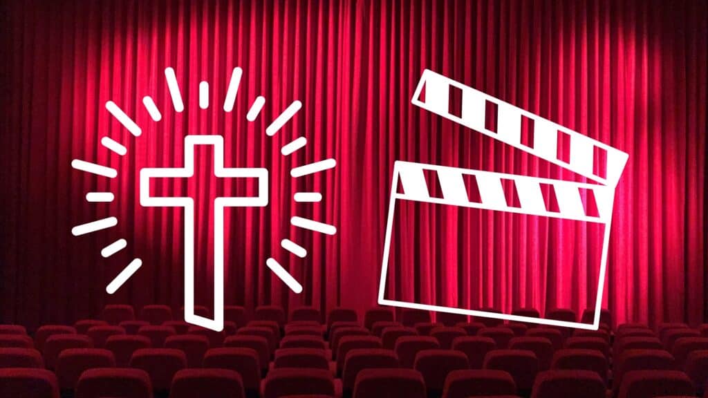 a cross with rays and a director's clapperboard against a red stage curtain