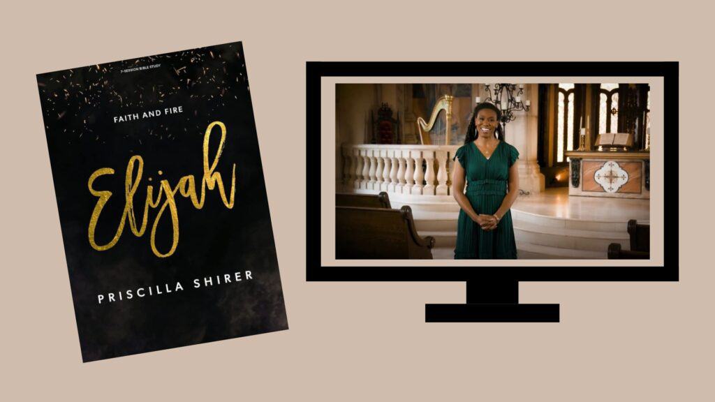 left side: book cover of "Faith and Fire • Elijah by Priscilla Shirer" • right side: a monitor with a smiling woman standing in a church