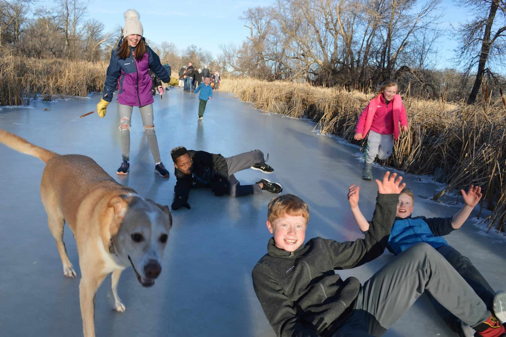 Youth and a dog skating on a river